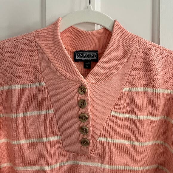 Lands' End Henley Striped Sweater Peach Pink Women Sz L 80s 90s Vintage - Picture 4 of 8
